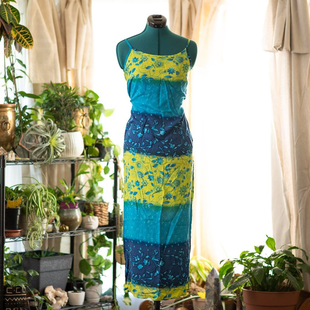 Vintage 1990s Bright Green and Blue Floral Spaghetti Strap Tie Back Dress Size S